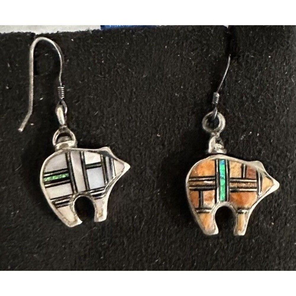 Vintage Zuni Bear Inlay Opal Spiny Oyster MOP Reversible Native 925 Earrings